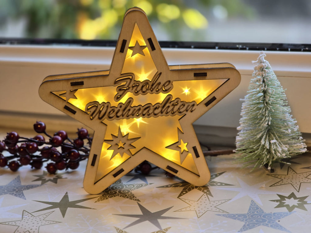 Leuchtender Holzstern „Frohe Weihnachten“ – LED Deko mit 3 Lichtmodi