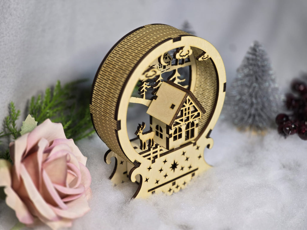 Winterzauber im Wald – Holzhaus mit Reh | Handgefertigte Weihnachtsdeko