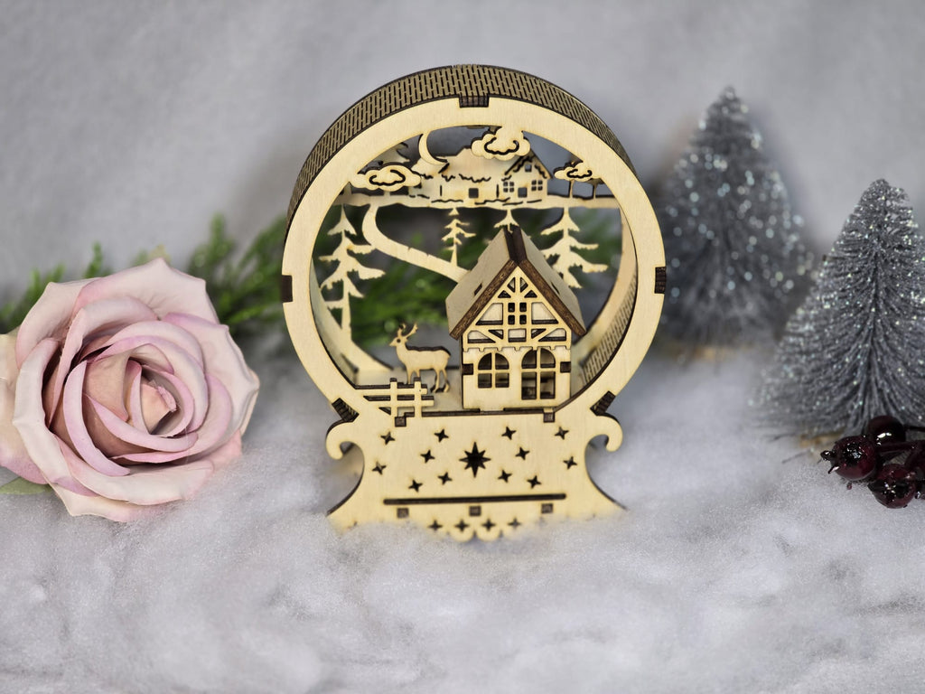 Winterzauber im Wald – Holzhaus mit Reh | Handgefertigte Weihnachtsdeko