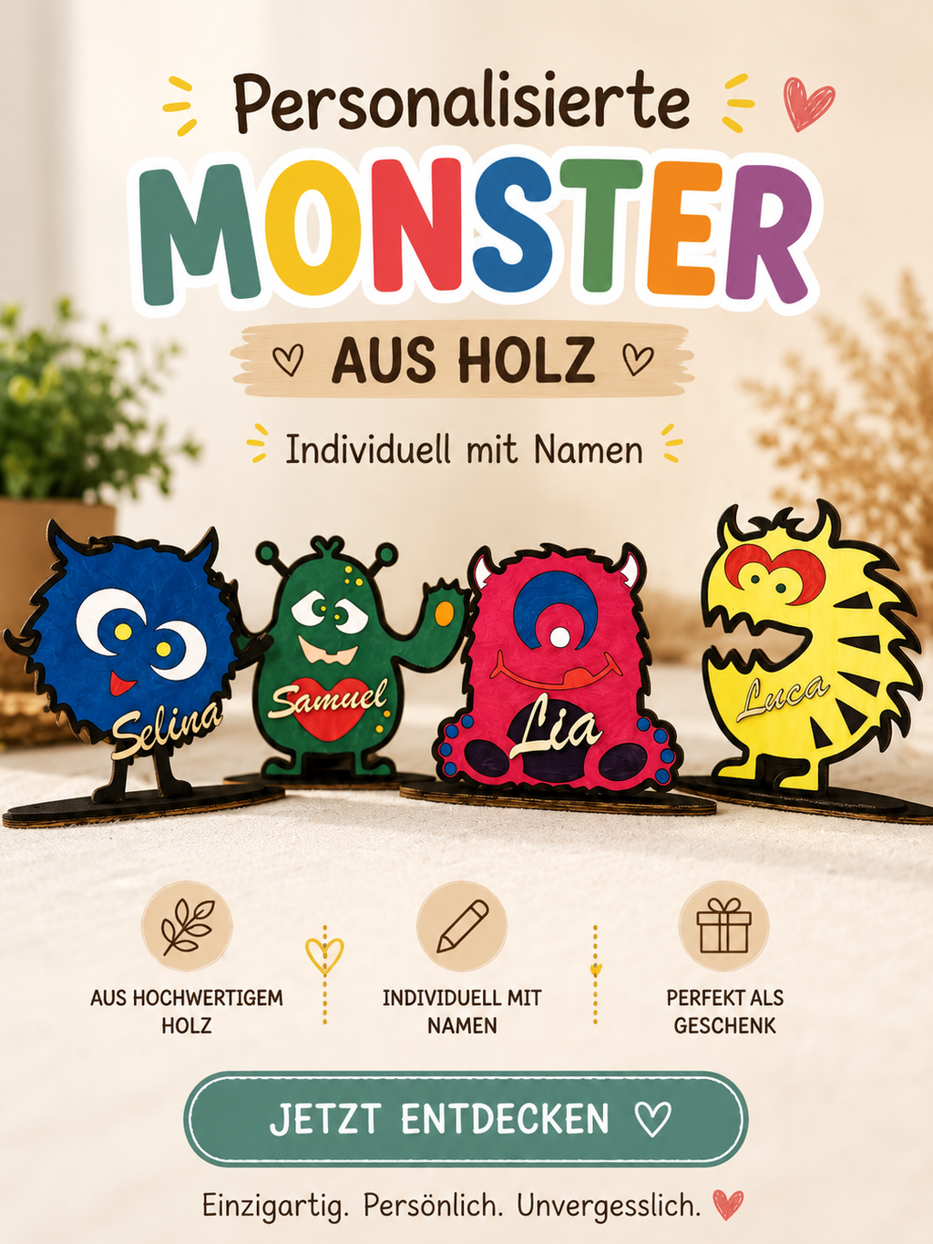 Lustige Tierfigur mit Namen – Personalisiertes Holzgeschenk