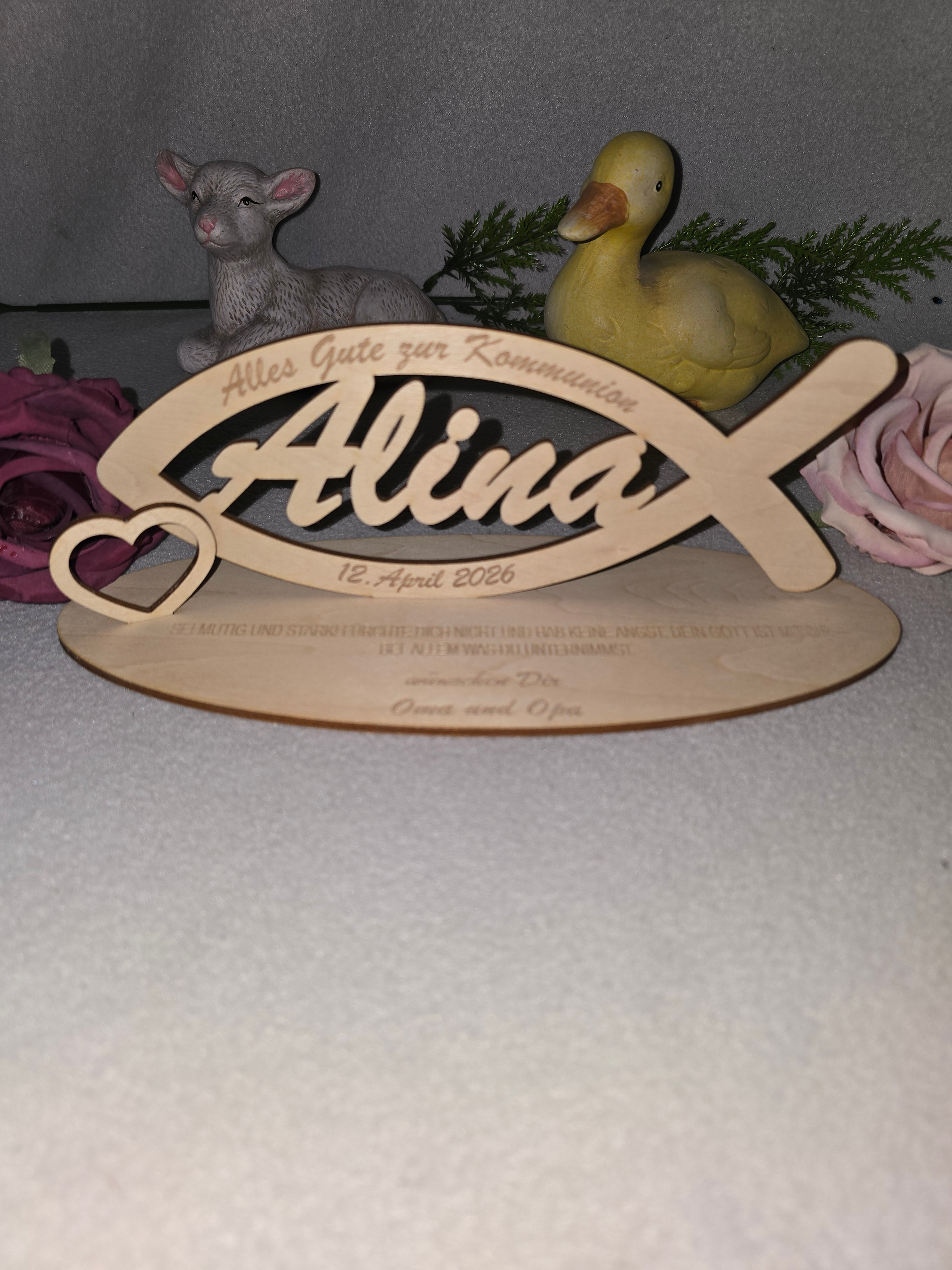 Personalisiertes Holz Fisch zur Kommunion – Name & Datum Geschenk Deko Aufsteller