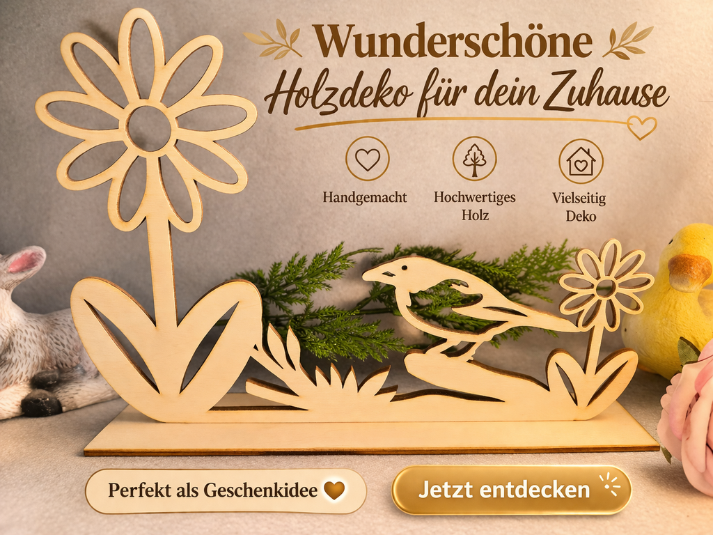 Frühlingsdeko aus Holz – Vogel & Blumen Deko Aufsteller – Tischdeko Natur – Wohnaccessoire