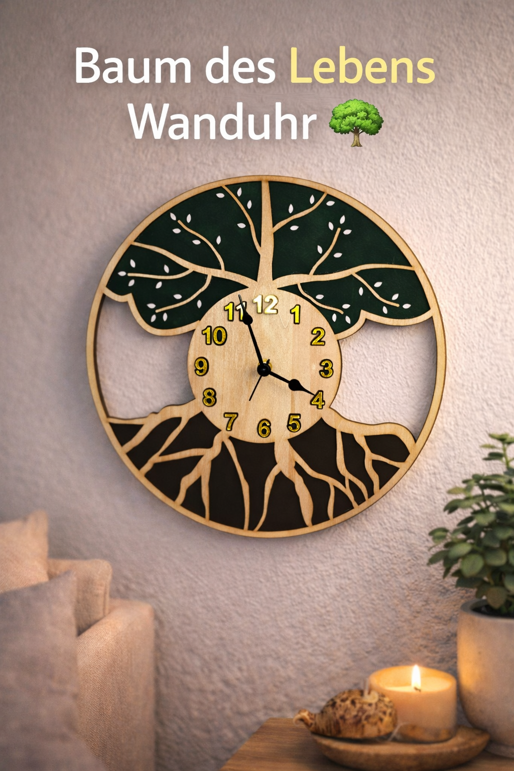Handgemachte Holz Wanduhr „Baum des Lebens“ – Runde Wanddekoration aus Naturholz (34 cm)
