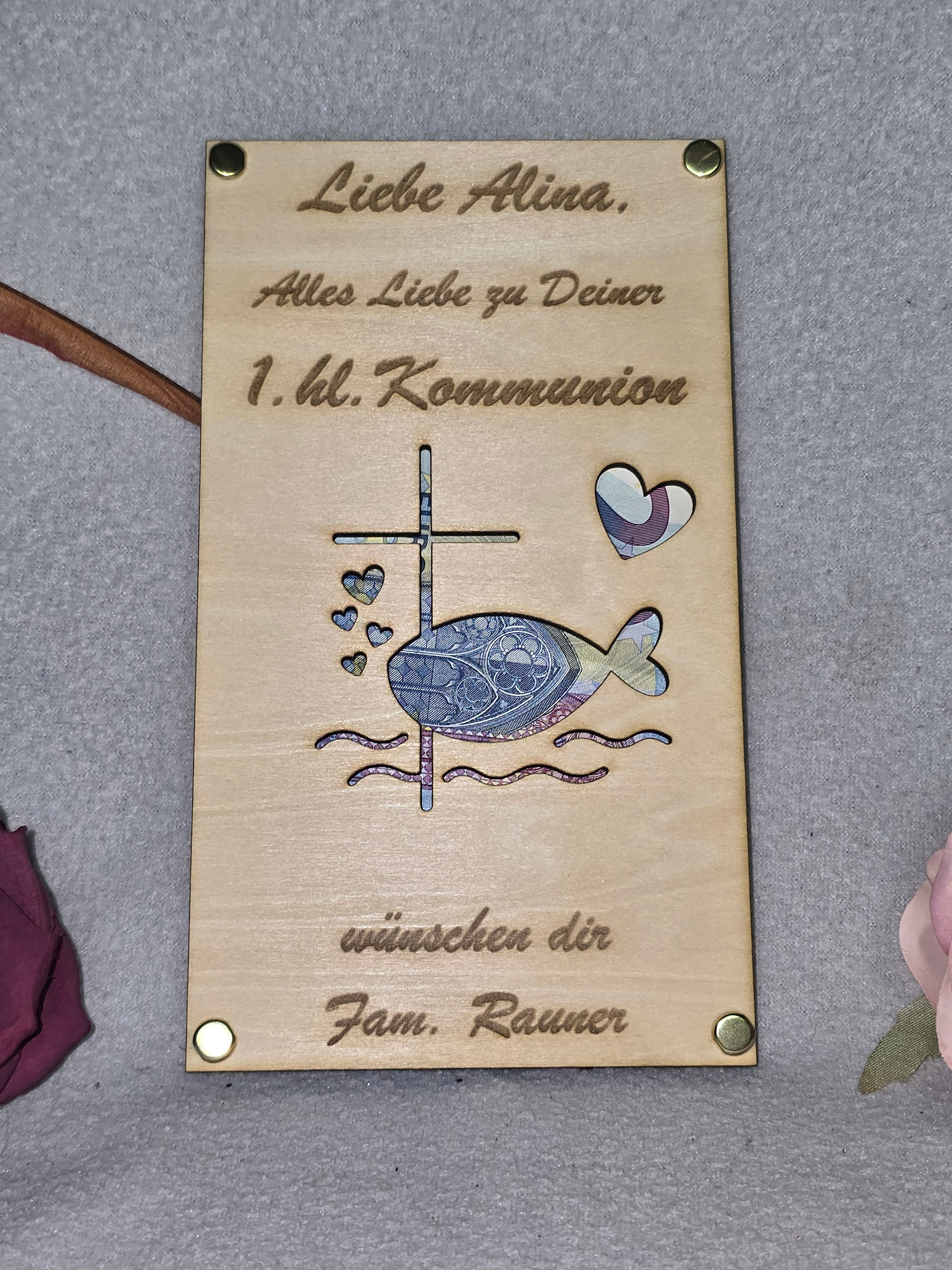 Personalisierte Geldkarte zur Kommunion aus Holz – Taube & Kreuz