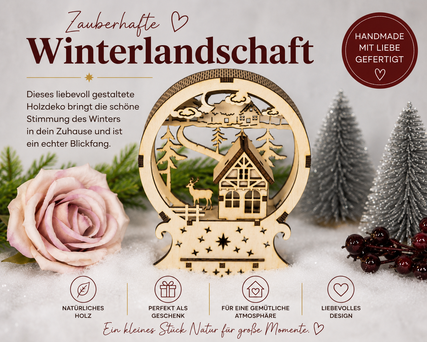 Winterzauber im Wald – Holzhaus mit Reh | Handgefertigte Weihnachtsdeko