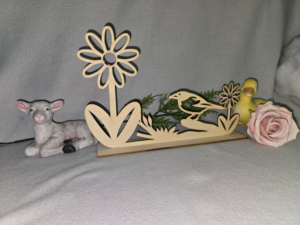 Frühlingsdeko aus Holz – Vogel & Blumen Deko Aufsteller – Tischdeko Natur – Wohnaccessoire