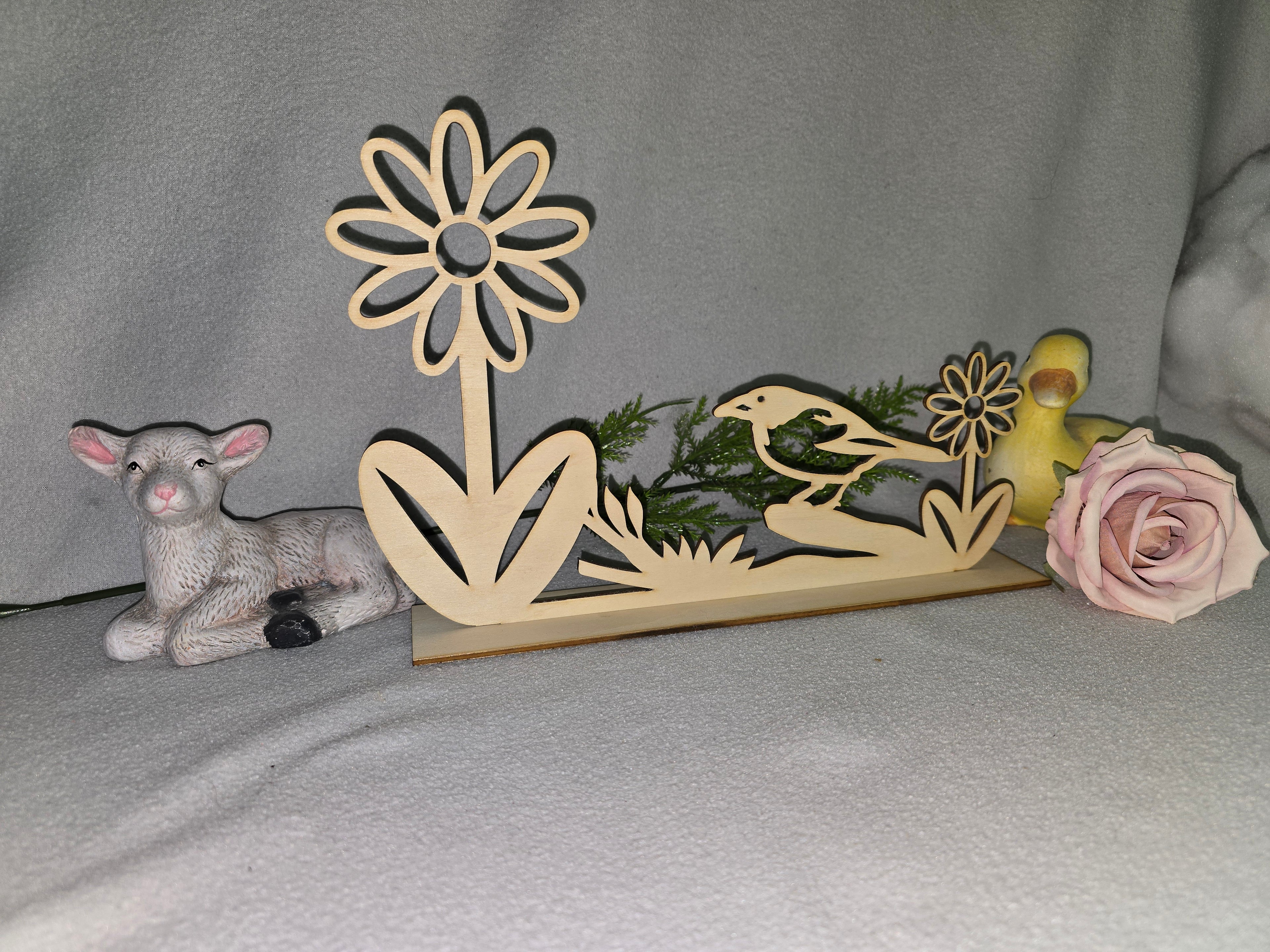 Frühlingsdeko aus Holz – Vogel & Blumen Deko Aufsteller – Tischdeko Natur – Wohnaccessoire