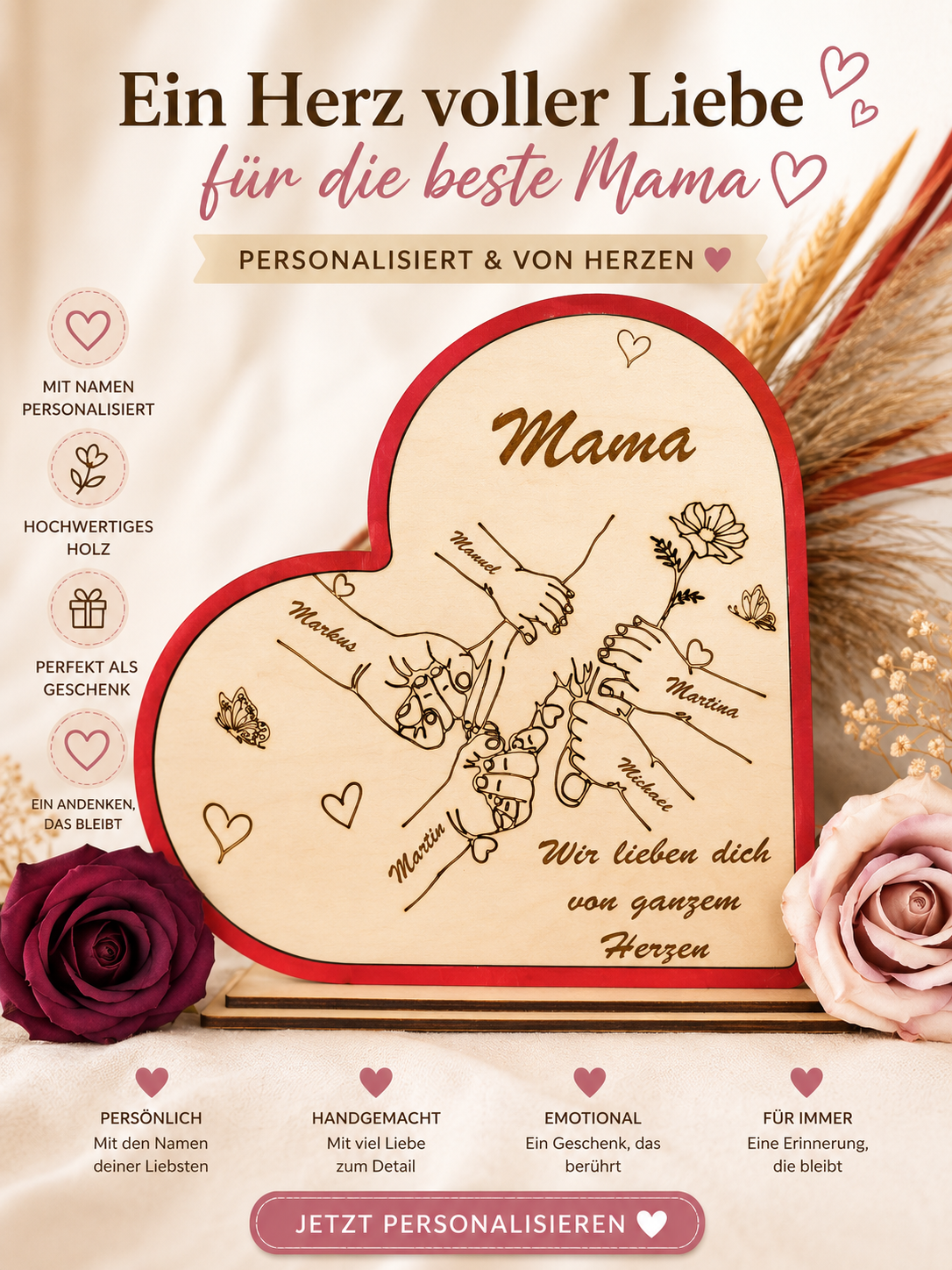 Personalisiertes Holzherz „Mama“ – Familien-Deko mit Gravur |1-5 Hände