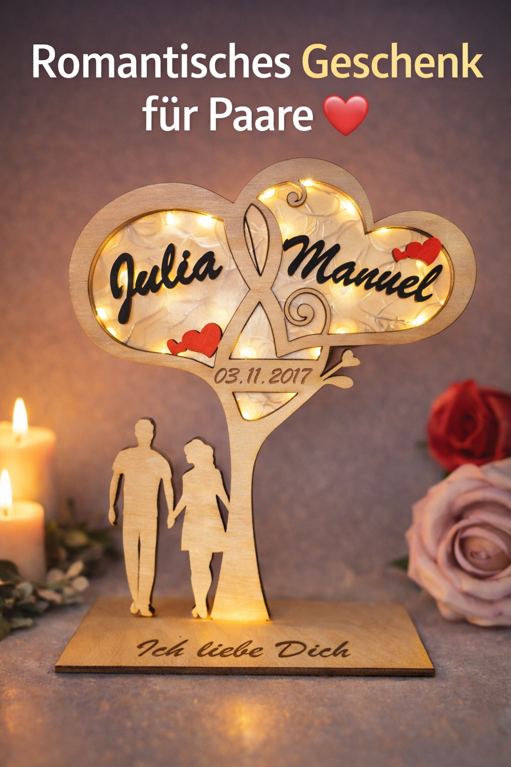 Personalisiertes LED-Herz aus Holz mit Namen – Romantische Geschenkidee für Paare