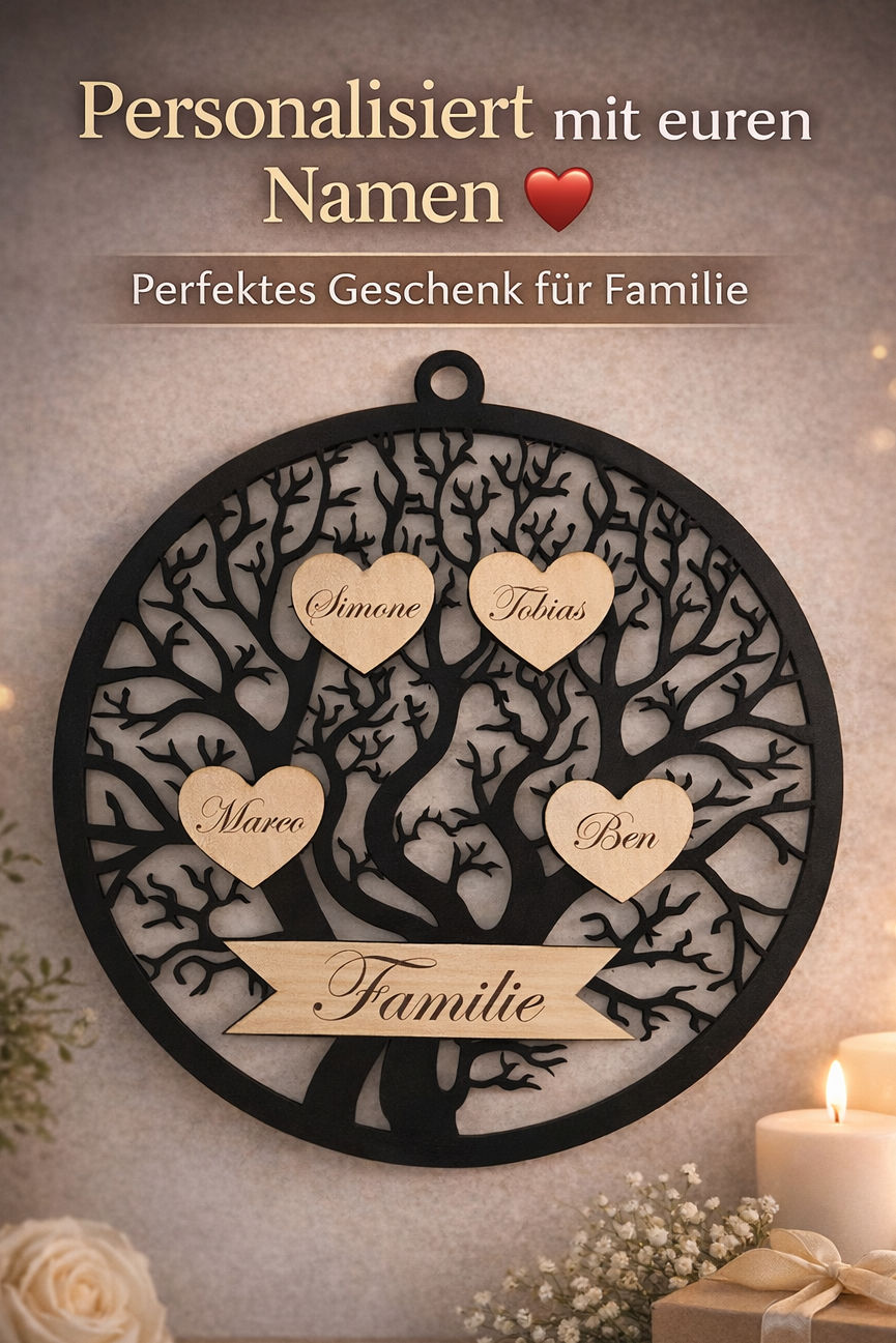 Personalisierter Familienbaum aus Holz – 30 cm – mit individuellen Namen