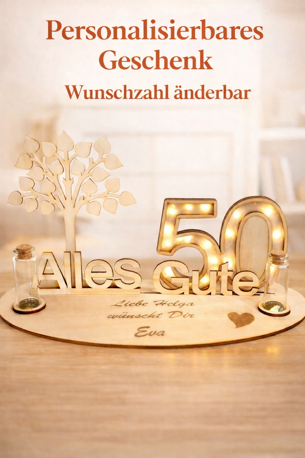 Personalisiertes Geschenk Geburtstag mit Wunschzahl | LED Holz Deko mit Gravur | Geldgeschenk | Geburtstagsgeschenk