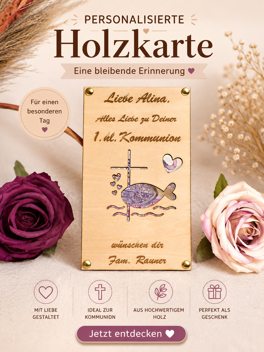 Personalisierte Geldkarte zur Kommunion aus Holz – Taube & Kreuz