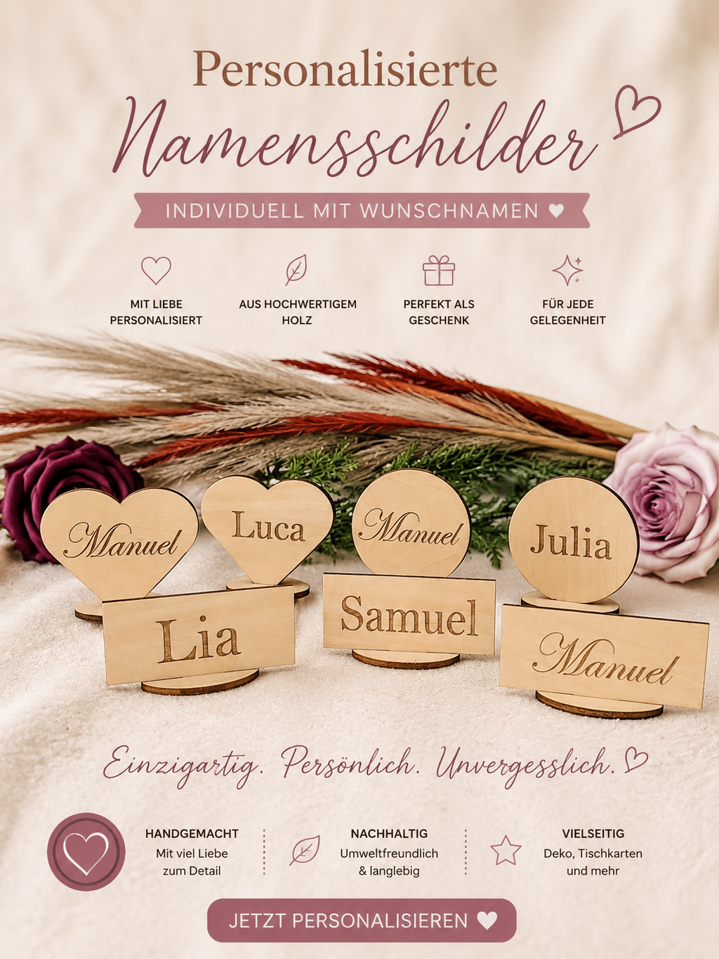 Personalisierte Namensschilder aus Holz | Platzkarten Hochzeit | Tischdeko mit Wunschname