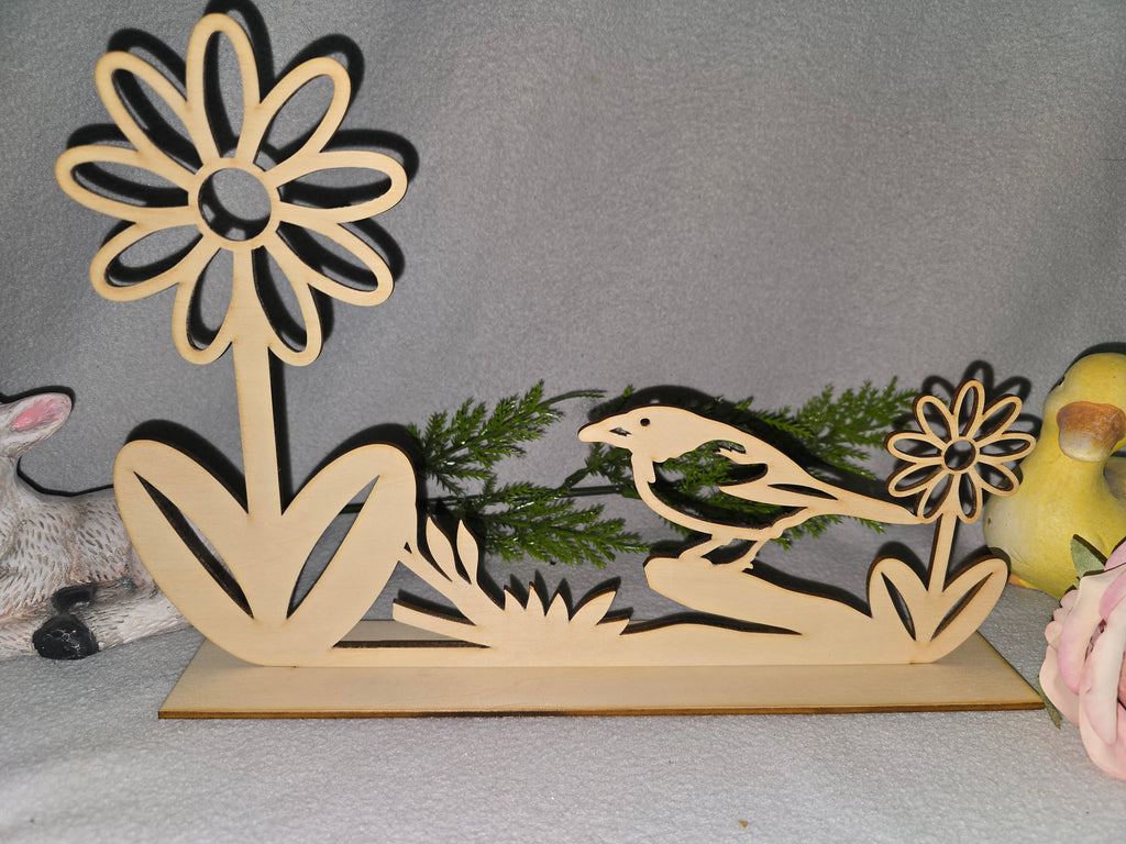 Frühlingsdeko aus Holz – Vogel & Blumen Deko Aufsteller – Tischdeko Natur – Wohnaccessoire