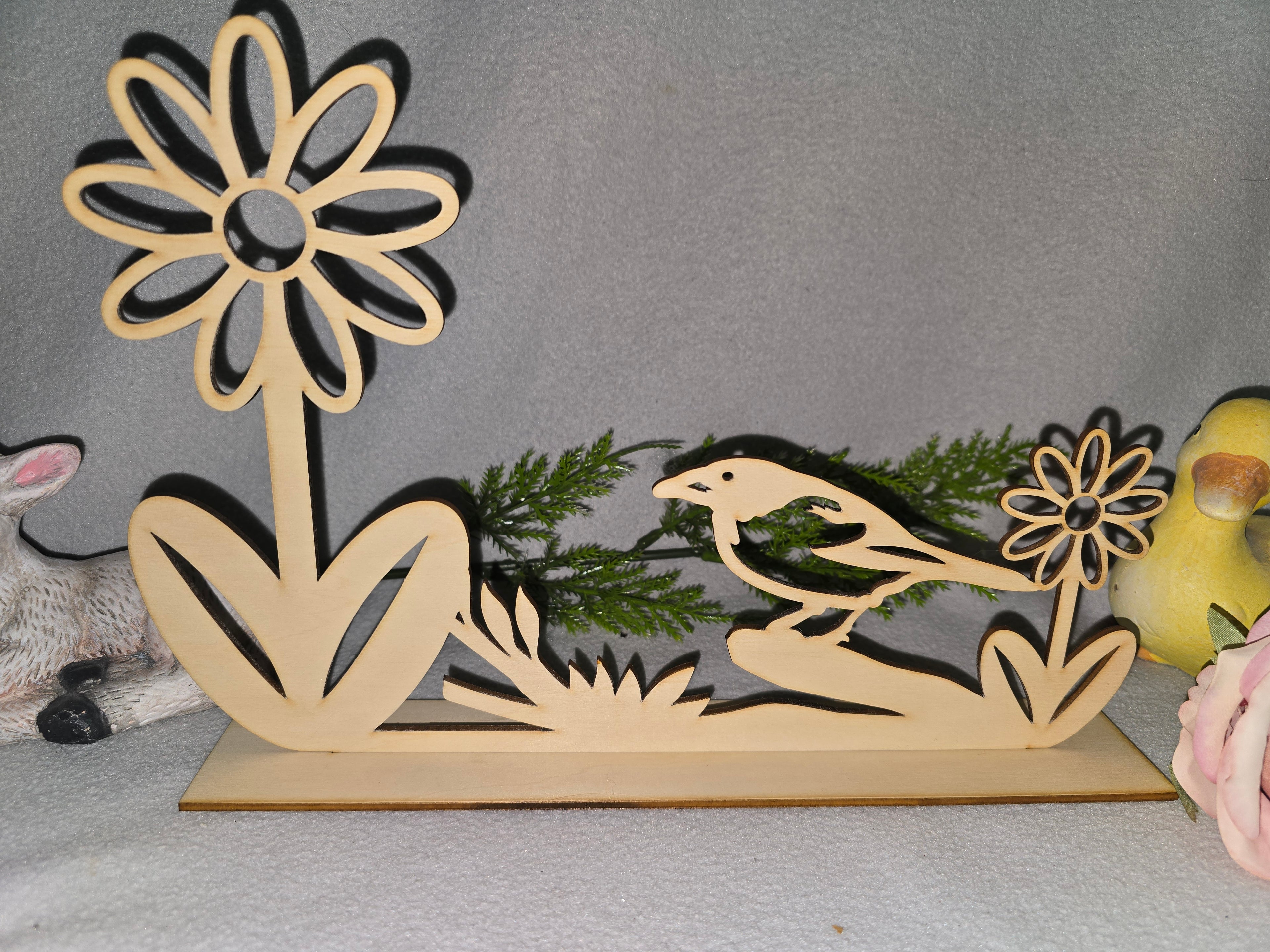 Frühlingsdeko aus Holz – Vogel & Blumen Deko Aufsteller – Tischdeko Natur – Wohnaccessoire