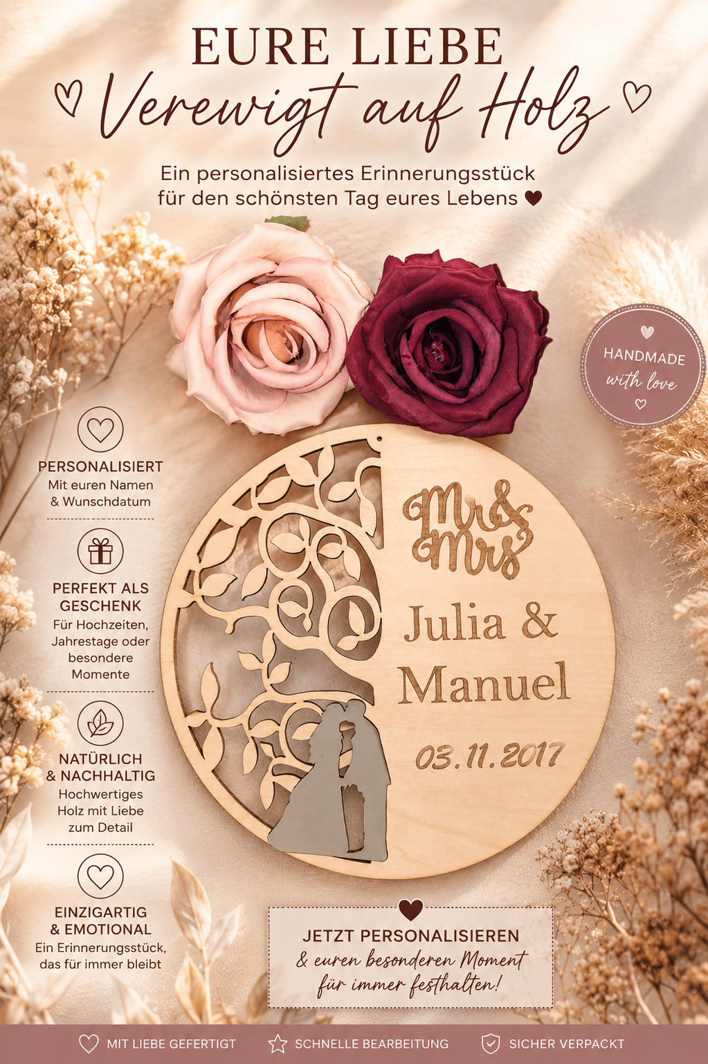 Personalisiertes Holzschild Hochzeit mit Namen & Datum – Mr & Mrs Wanddeko