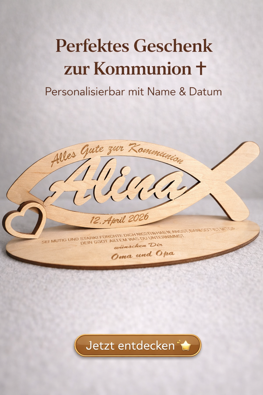 Personalisiertes Holz Fisch zur Kommunion – Name & Datum Geschenk Deko Aufsteller