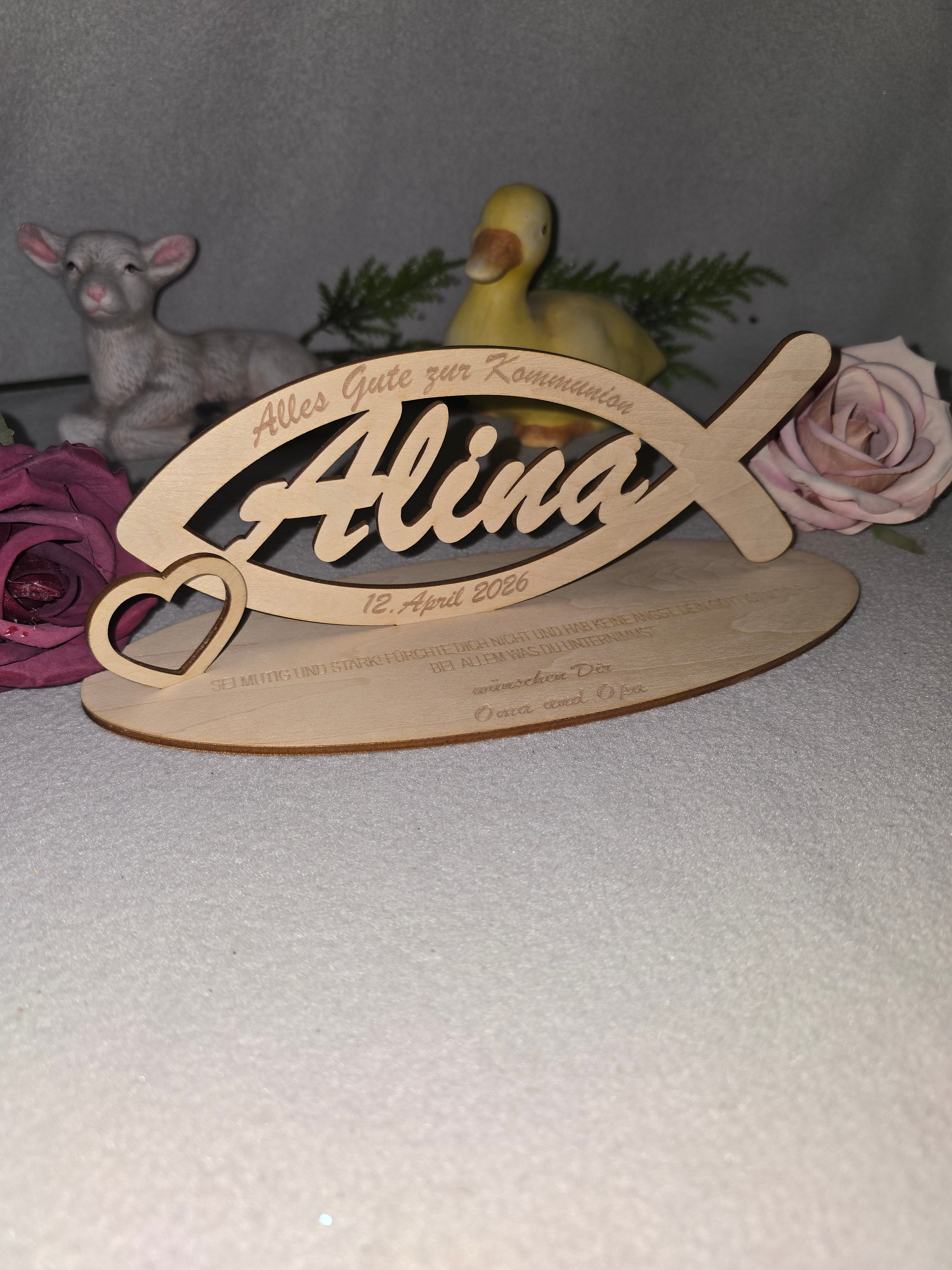 Personalisiertes Holz Fisch zur Kommunion – Name & Datum Geschenk Deko Aufsteller