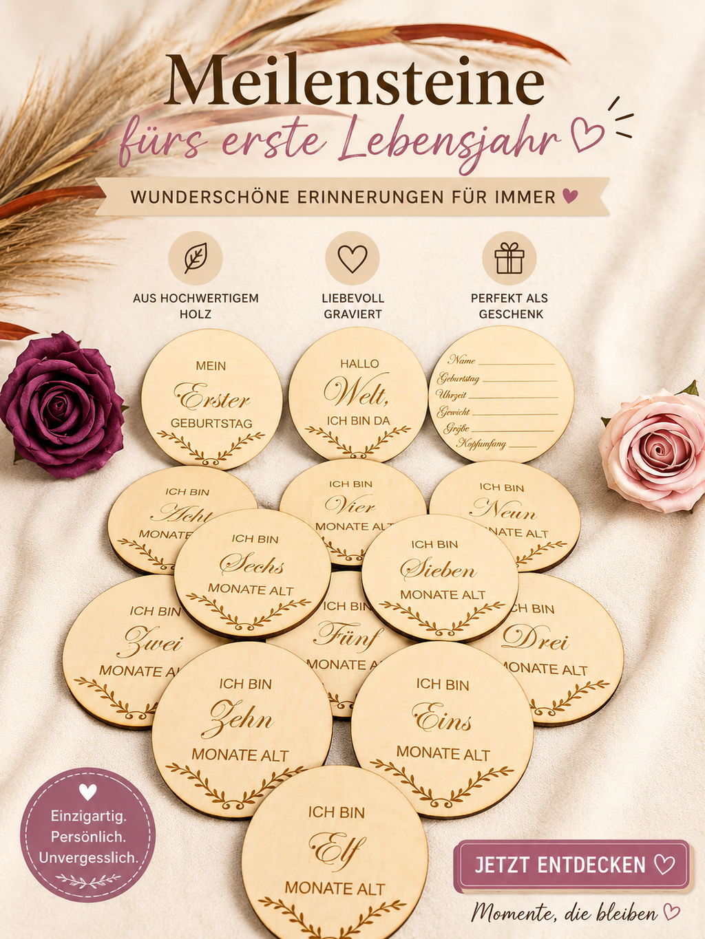 Meilenstein Karten Set aus Holz – Baby Fotoshooting Set (1–11 Monate, Geburt, Hallo Welt)