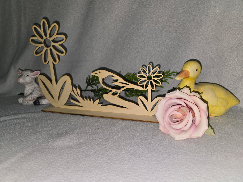 Frühlingsdeko aus Holz – Vogel & Blumen Deko Aufsteller – Tischdeko Natur – Wohnaccessoire