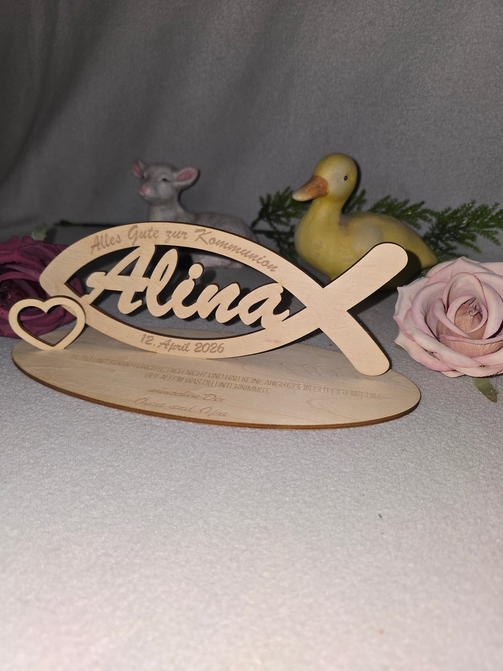 Personalisiertes Holz Fisch zur Kommunion – Name & Datum Geschenk Deko Aufsteller