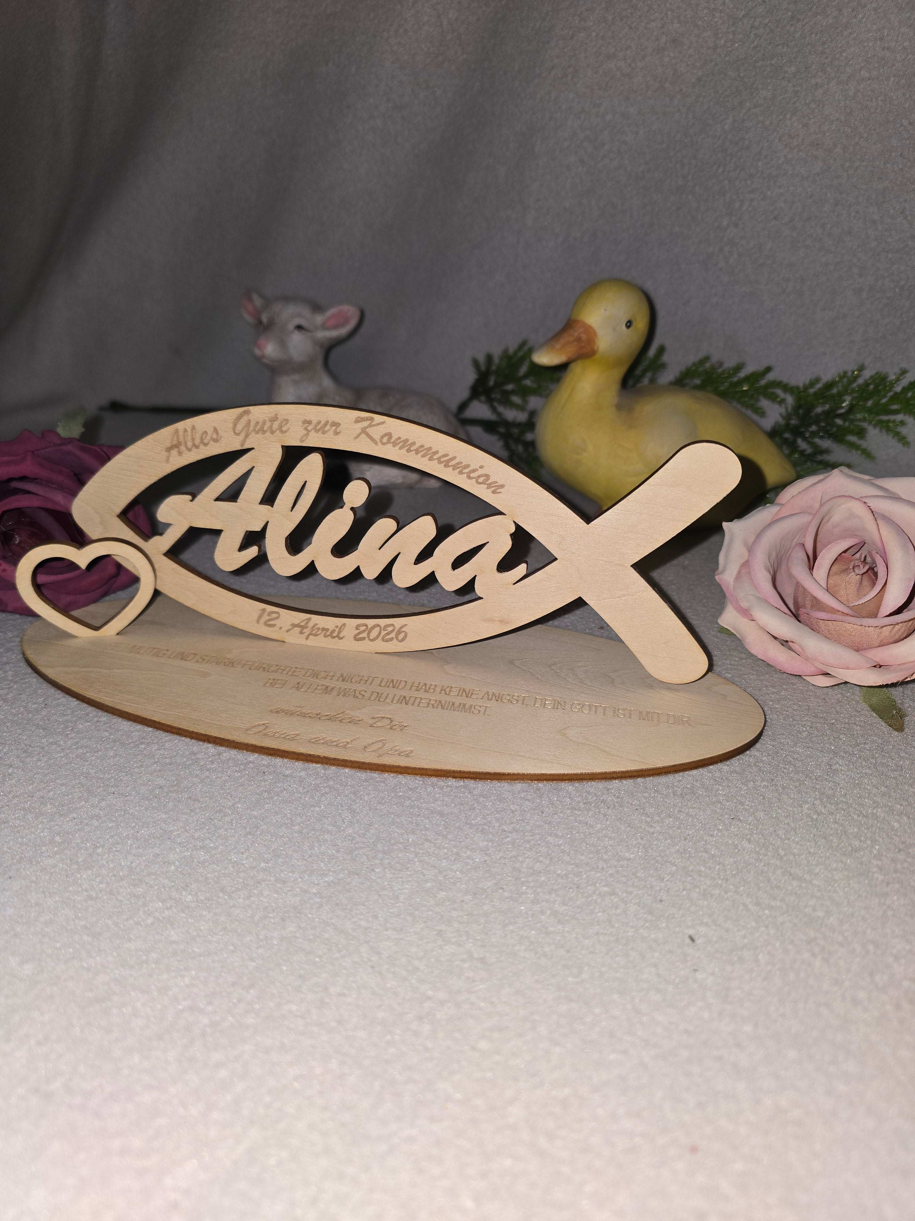 Personalisiertes Holz Fisch zur Kommunion – Name & Datum Geschenk Deko Aufsteller