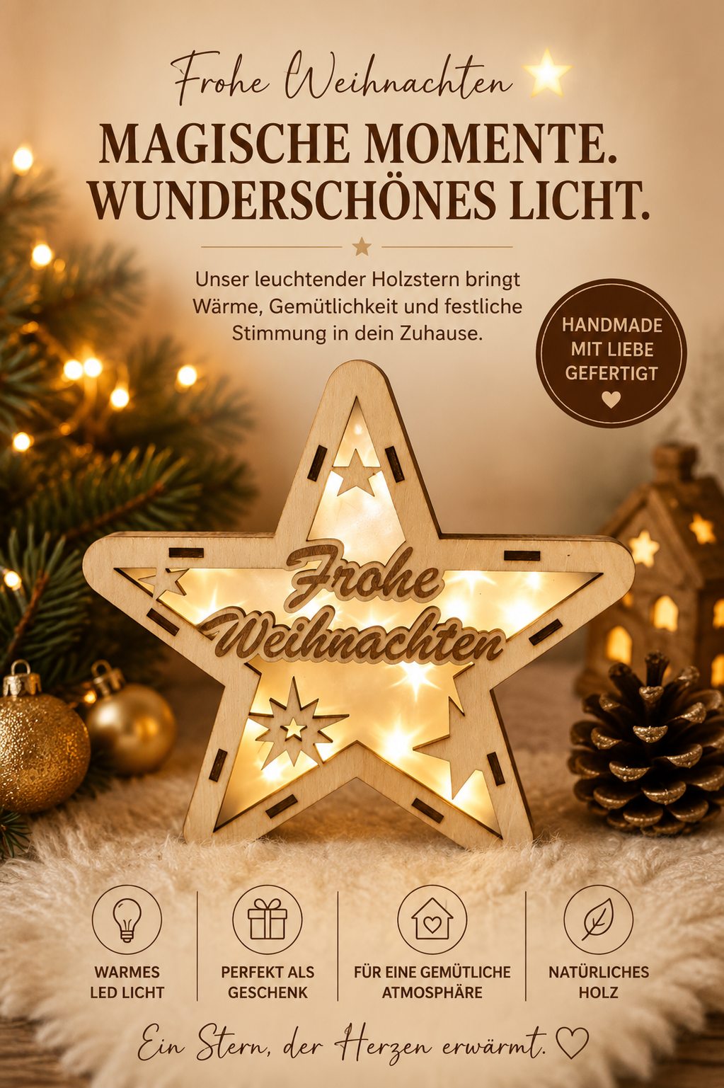 Leuchtender Holzstern „Frohe Weihnachten“ – LED Deko mit 3 Lichtmodi