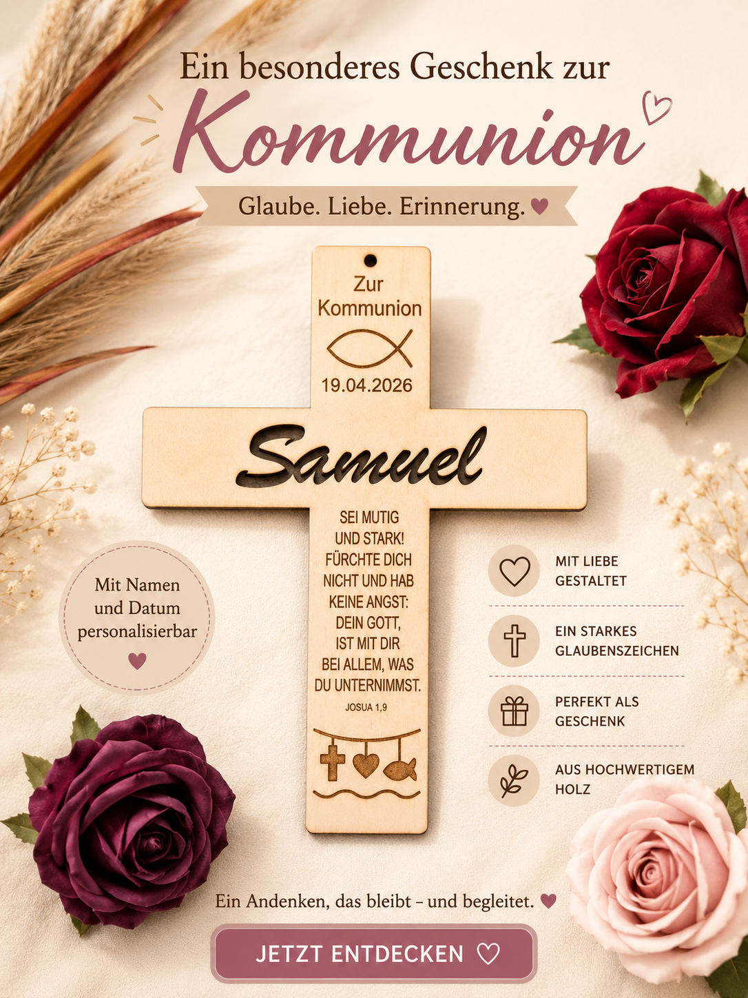 Personalisiertes Holzkreuz zur Kommunion – Geschenk mit Name & Datum