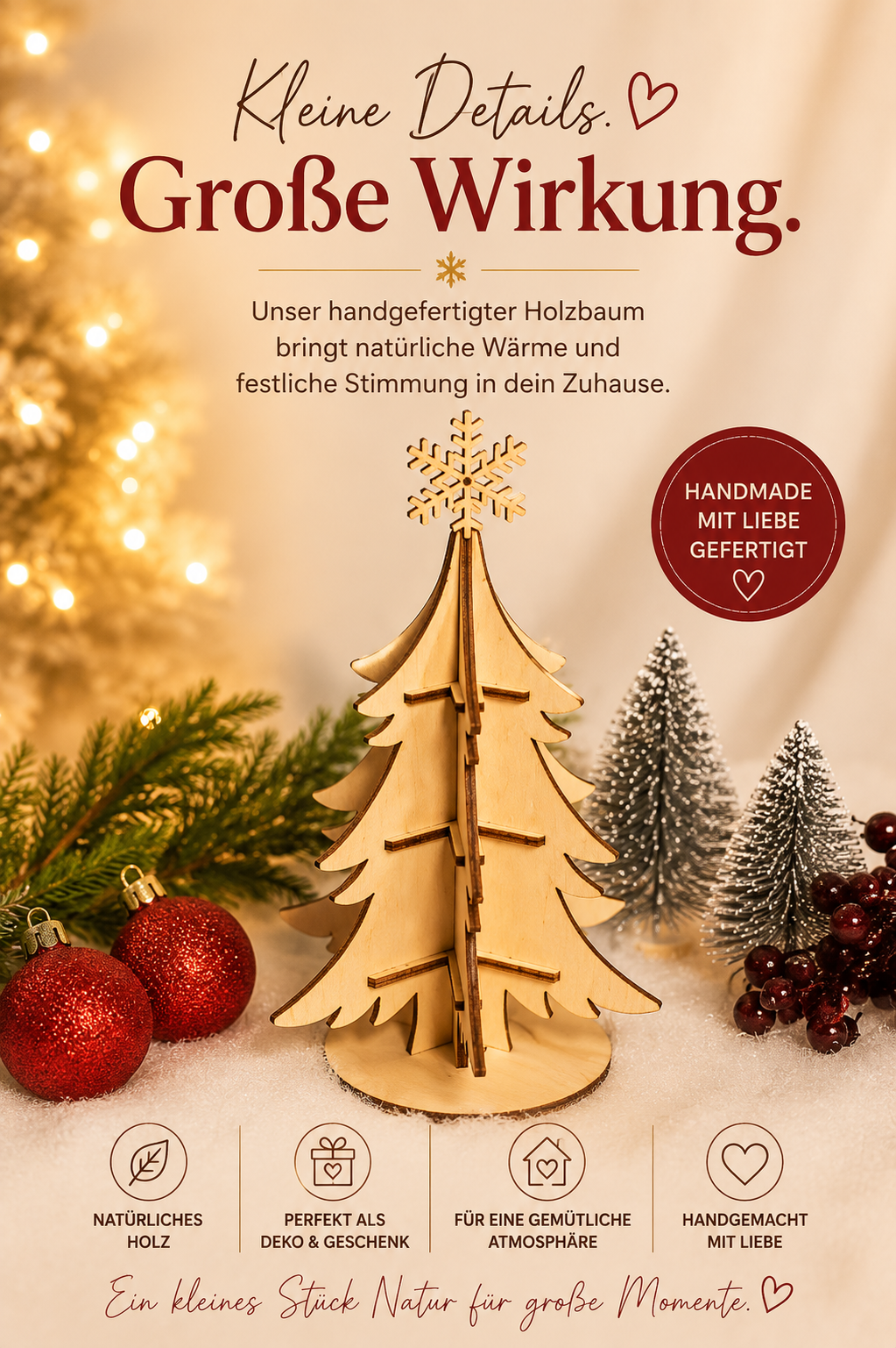 Weihnachtsbaum aus Holz mit Schneeflocke – Handgefertigte Winterdeko