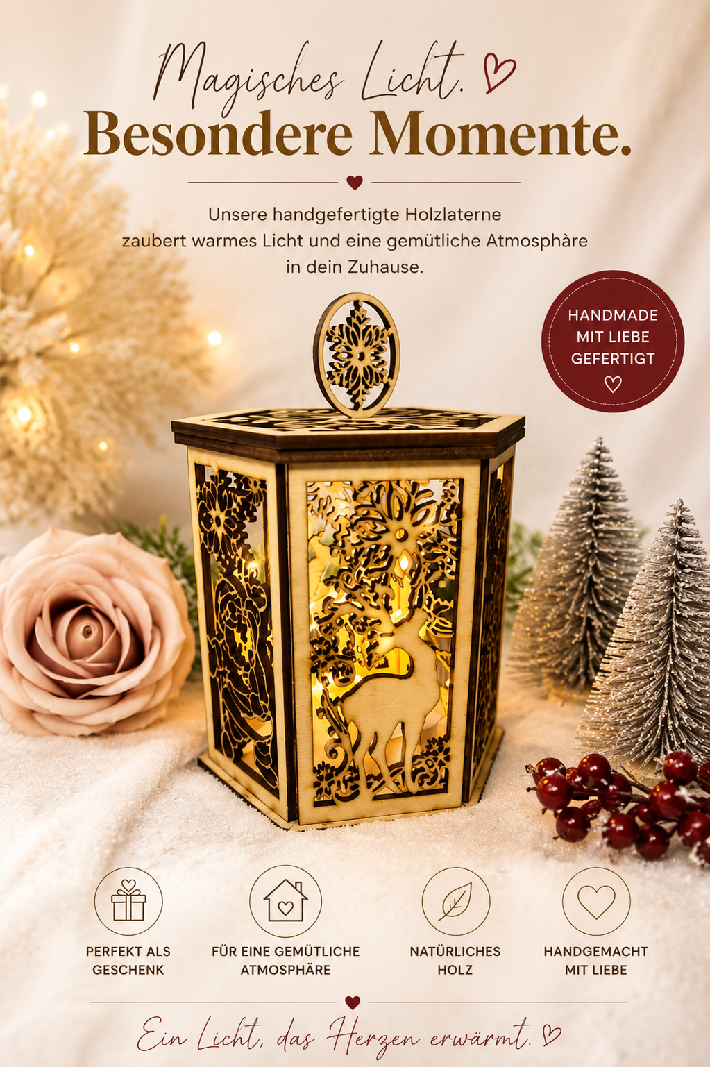 Winterlaterne aus Holz – Handgefertigte Weihnachtsdeko mit Rehmotiv