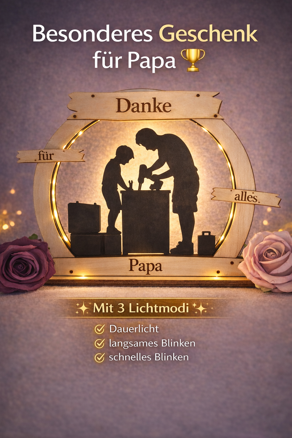 LED Deko „Danke Papa“ – Geschenk mit 3 Lichtmodi (Dauerlicht & Blinkfunktion)