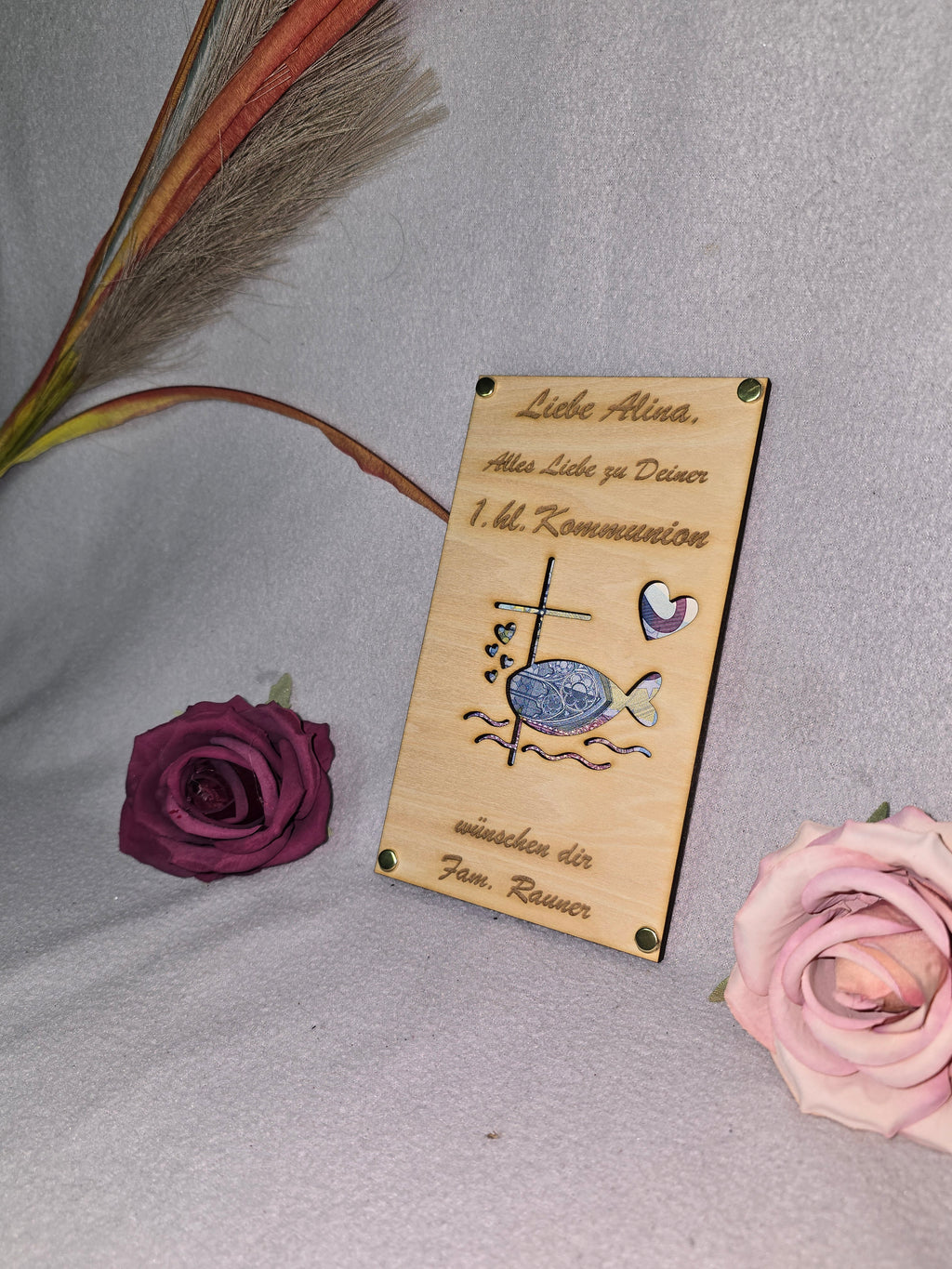 Personalisierte Geldkarte zur Kommunion aus Holz – Taube & Kreuz