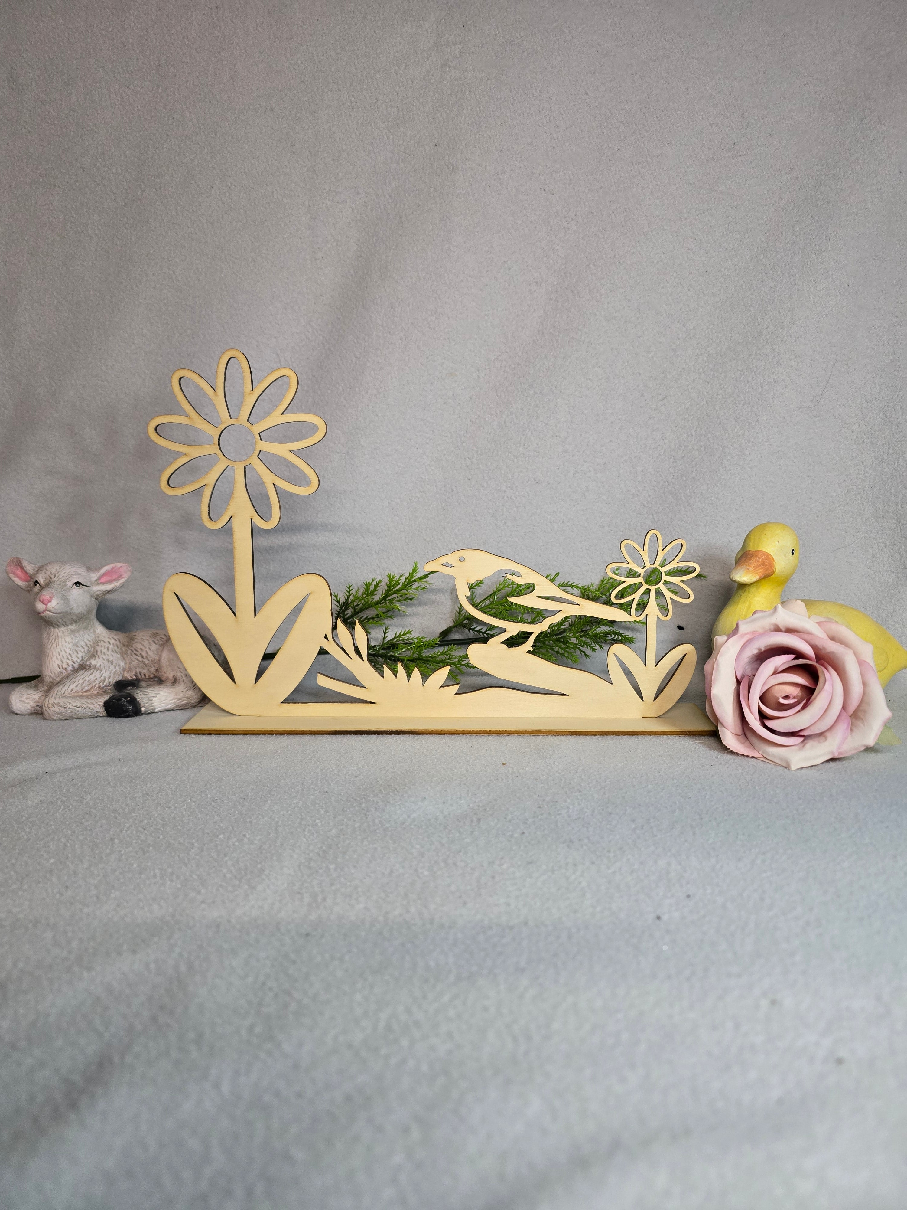 Frühlingsdeko aus Holz – Vogel & Blumen Deko Aufsteller – Tischdeko Natur – Wohnaccessoire