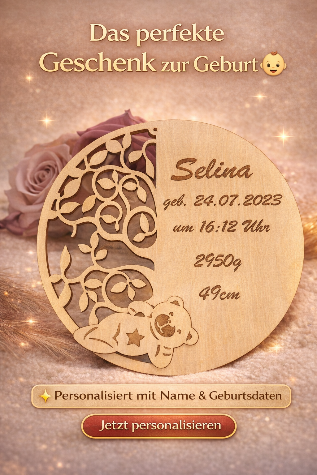 Personalisiertes Geburtsdaten Schild aus Holz – Baby Name, Datum, Uhrzeit, Gewicht & Größe – Geschenk zur Geburt – 20cm oder 39cm