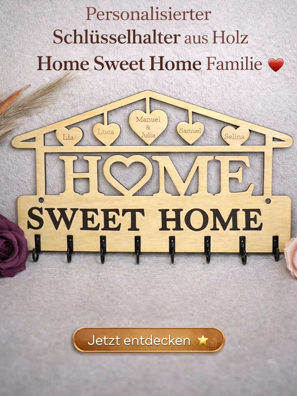 Personalisierter Schlüsselhalter – Home Sweet Home mit Namensherzen | Handgefertigte Holzdeko