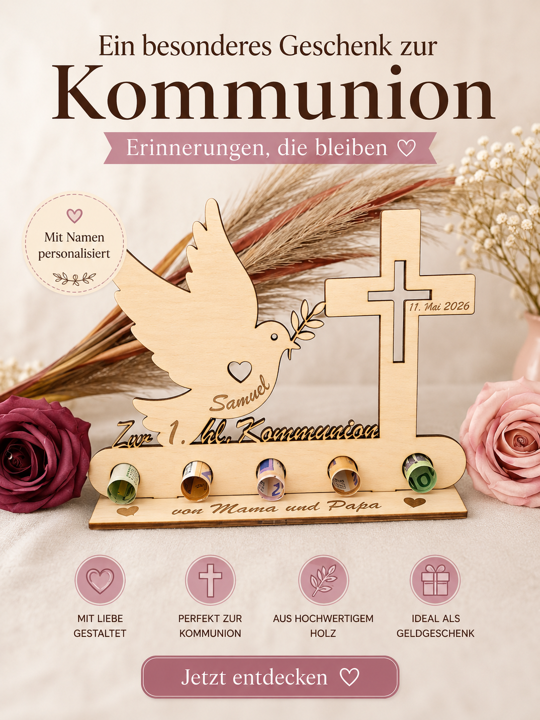 Personalisiertes Geldgeschenk zur Kommunion aus Holz – Taube & Kreuz