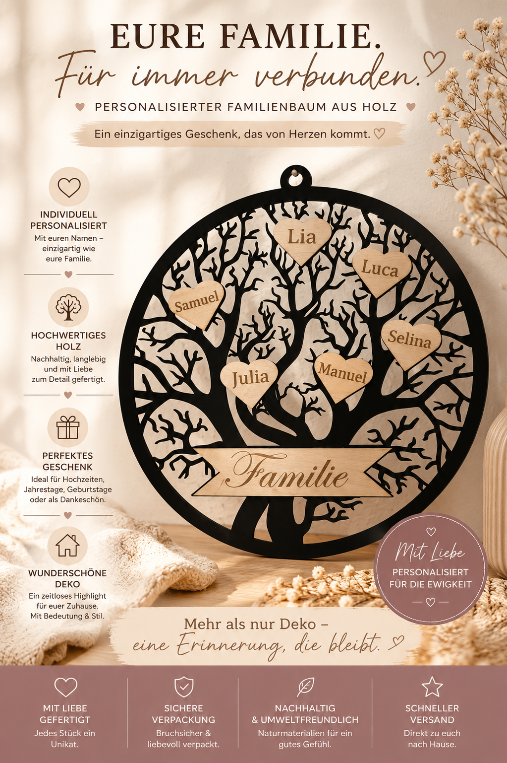 Personalisierter Familienbaum aus Holz – 30 cm – mit individuellen Namen