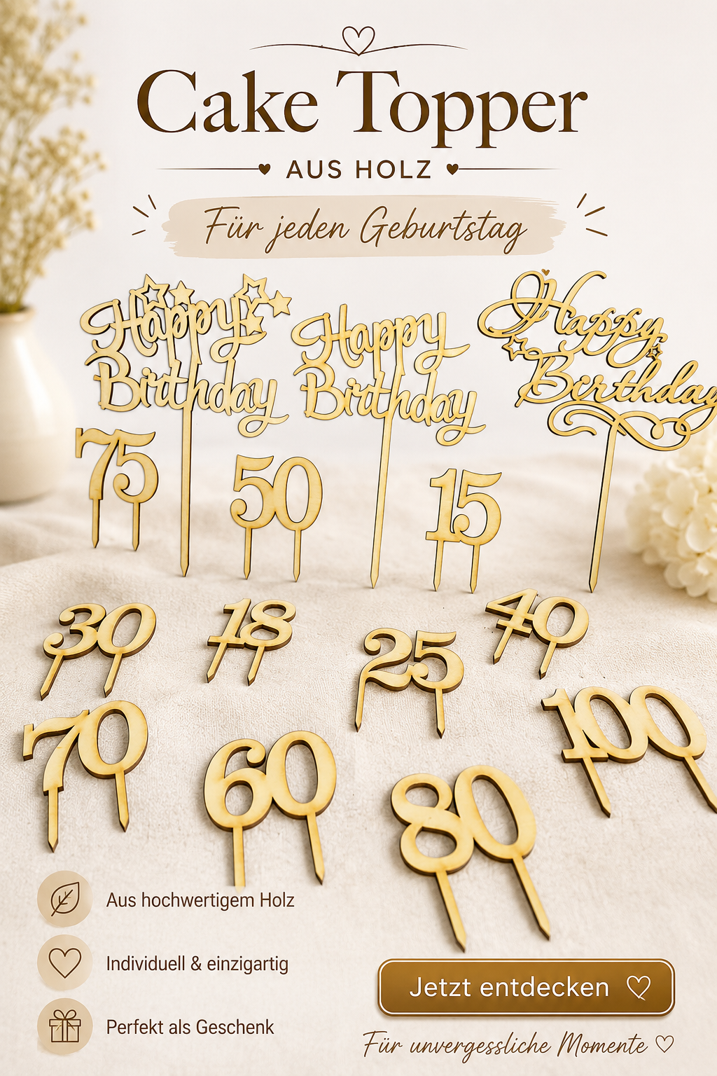 Happy Birthday Cake Topper aus Holz – 3 Designs + Wunschzahl