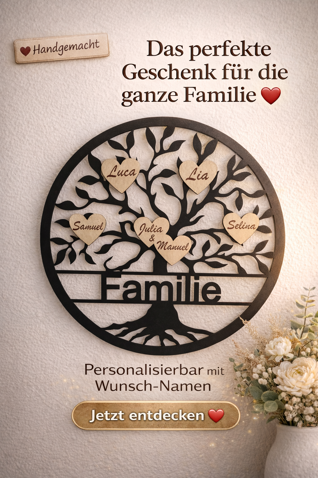 Personalisierter Familienbaum mit Namen – Family Tree Wanddeko aus Holz – Familiennamen Schild – Geschenk für Familie & Eltern