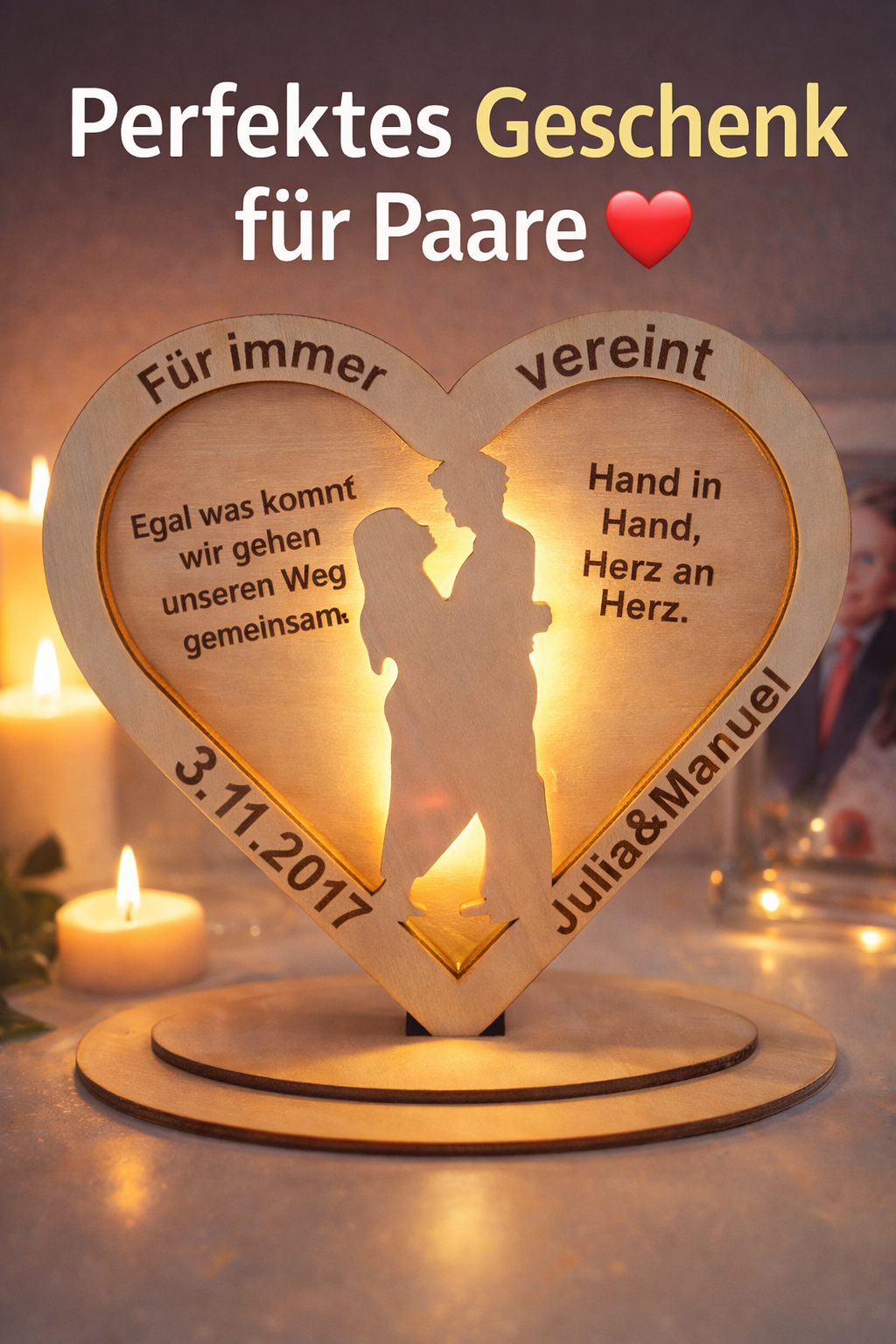 Personalisiertes Holz Herz mit LED – Paar Geschenk, Hochzeit, Jahrestag, Namen & Datum